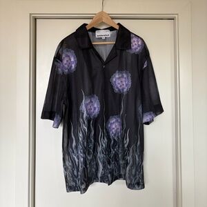 Sundae School Flame Flower Mesh Short Sleeve Button Down